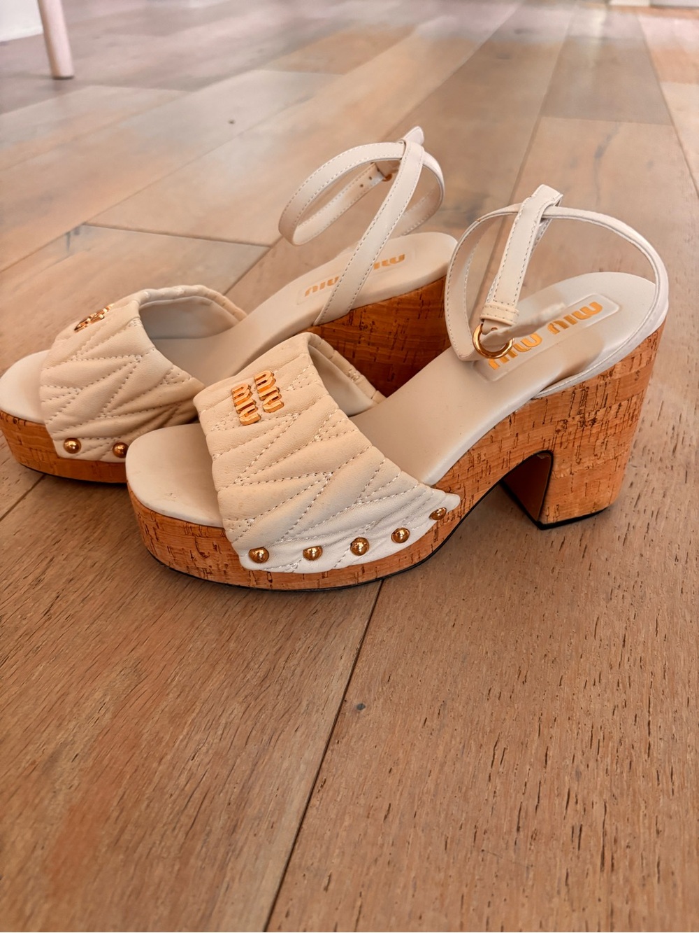 Miu Miu Cream Quilted Leather Cork Platform Sandals with Gold Studs